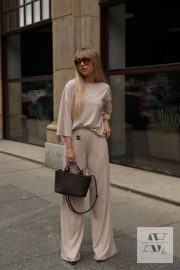 SERENA – beżlowy komplet dwuczęściowy: bluzka oversize + spodnie wide-leg z wysokim stanem