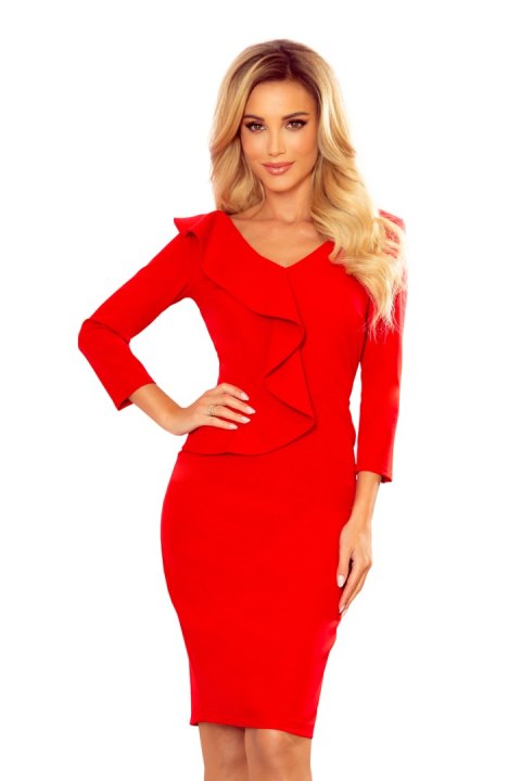 Elegancka sukienka z falbanką i dekoltem - CZERWONA Elegancka sukienka z falbanką i dekoltem - CZERWONA
