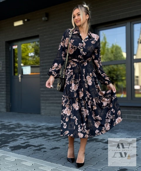 CLAIRE – sukienka midi z falbaną i paskiem podkreślającym talię