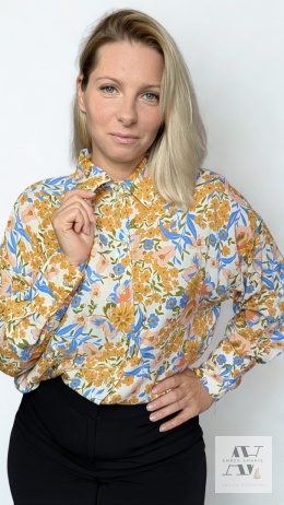 NOELLE – koszula niebieska z wiskozy ze złotymi guzikami