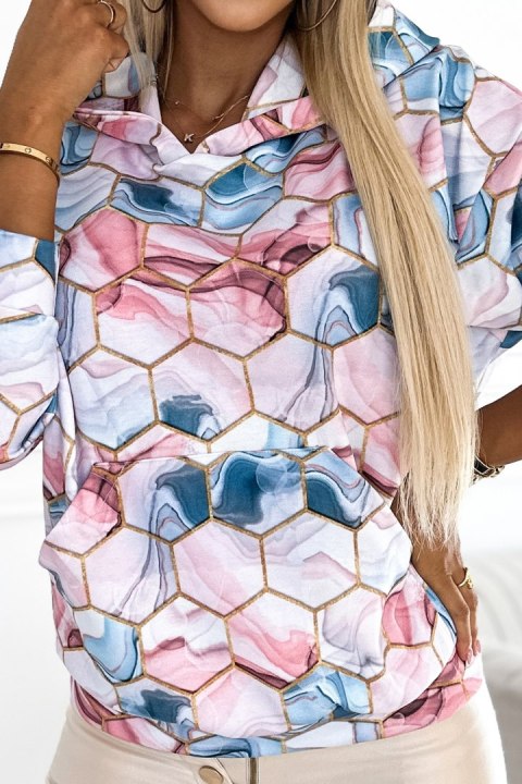 Bluza kangurka z kapturem - złote heksagony i różowo-błękitny marmur Bluza kangurka z kapturem - złote heksagony i różowo-błękitny marmur