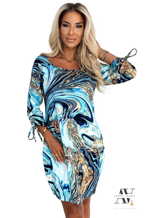 SOPHIE Wygodna sukienka z kieszeniami Oversize - NIEBIESKO-ZŁOTE FALE