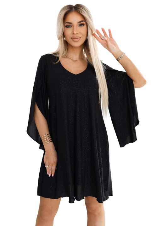LIVIA Elegancka trapezowa sukienka z rękawami typu motyl - czarna z brokatem LIVIA Elegancka trapezowa sukienka z rękawami typu motyl - czarna z brokatem
